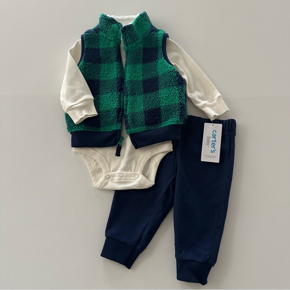 Carter’s 6 Months Baby Boy Green Plaid Sherpa Vest Bodysuit Pants Set Outfit